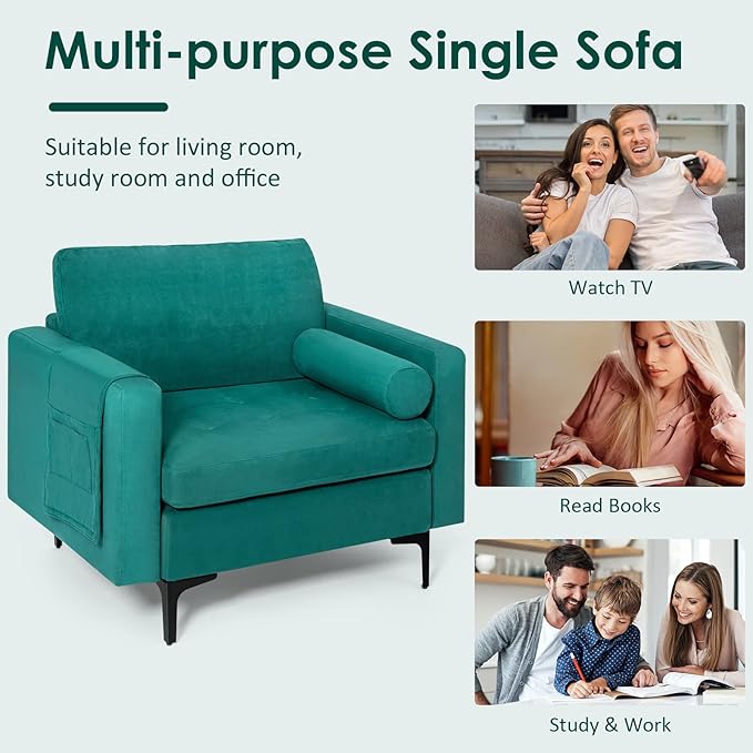 Giantex Single Sofa Accent Chair Armchair w/Comfy Cushion Bolster Armrest Magazine Caddy Pockets Living Room Upholstered Leisure Chair for Bedroom Reception Room Blue