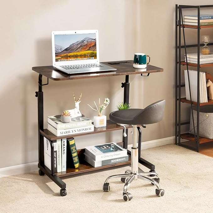 Vasitelan Mobile Computer Desk for Small Space Rolling Writing Desk with Wheels Home Office Study Portable Storage Gaming Table with 3 USB + 2 AC Outlets (Brown)