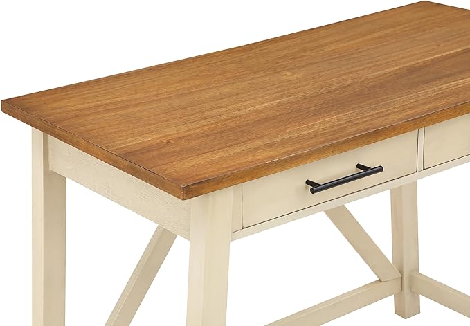OSP Home Furnishings Milford Rustic 42 Inch Writing Desk with 2 Drawers and Burnished Decorative Hardware Antique White