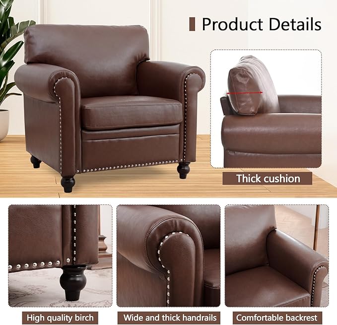 Brown Faux Leather ChairMid Century Modern Accent Chair Set for Office Bedroom Living Room with Deep Seats Detachable Cushions and Nailhead Rolled Arms Easy Assembly