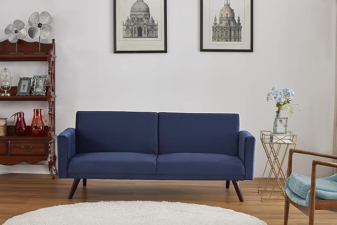 72 Retro Velvet Sofa Bed - Vintage Modern Convertible Futon w/Reclining Backrest - Velvet Upholstery on Solid Wood Frame (72 L x 34.6 W x 30.23 H) Dark Blue