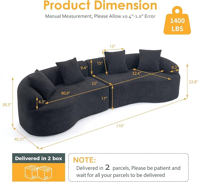 Oversized Sectional Sofa for Living Room 110 Modern Luxury Chenille 4-Seater Extra Deep &amp Wide Seat Curved Cloud Couch with 4 Throw Pillows No Assembly Needed Cream Black