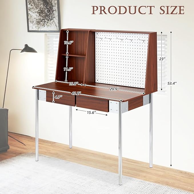 JOMEED Computer Desk with Hutch &amp DIY Pegboard Board 47 Inch Modern Home Office Study Writing Desk with Bookshelf &amp 2 Drawers Workspace for Work and Study Walnut