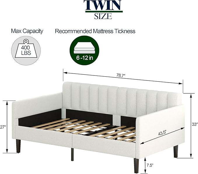 GDFStudio Twin Size Upholstered Daybed Futon Sofa Bed Ribbed Tufted Backrest Lavish Modern Design Couch Bed Frame for Bedroom Living Room Guest Room ApartmentIvory Boucle