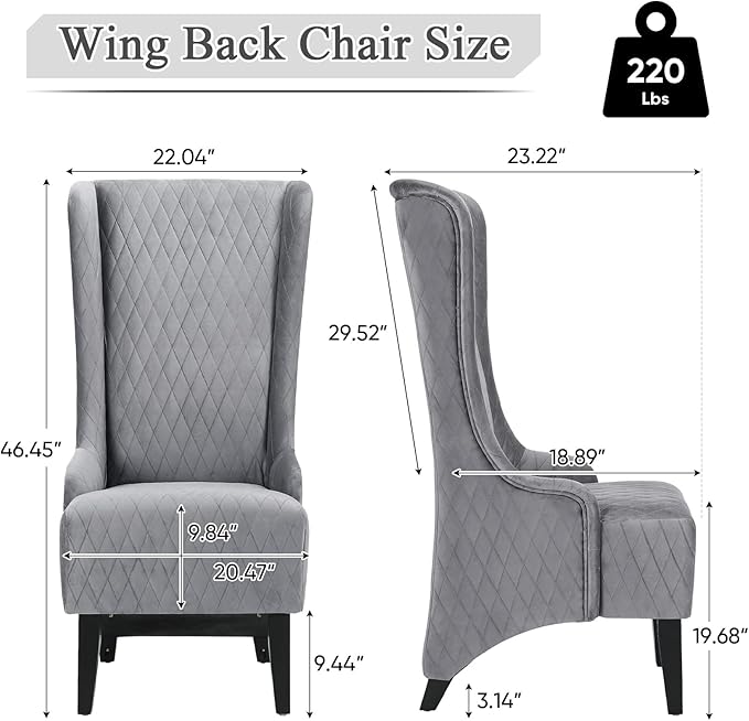 High Back Dining Chairs Living Room Chairs Upholstered Gray Fabric Accent Wingback Armchair Muebles para El Dormitorio with 9.8 Thicked Padded Seat Wooden Legs Mysterious Gothic Decor