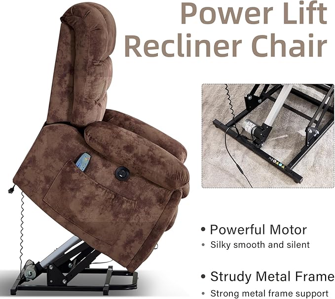 CANMOV Power Lift Recliner Chair for Elderly with Massage and Heat Electric Lift Chair with 2 Side Pockets and Cup Holders USB &amp Type-C for Living Room Brown