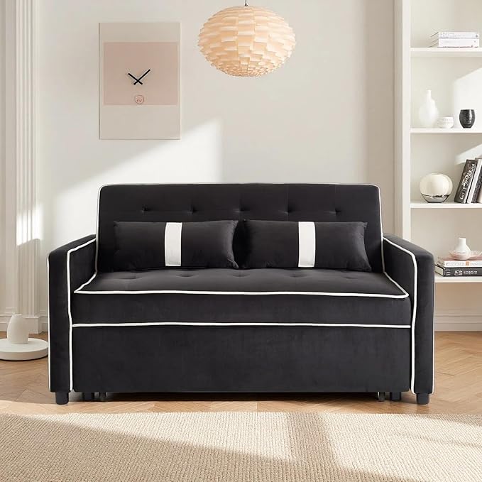 Loveseat Sleeper Sofa 3 in 1 Convertible Sofa Bed Adjustable Backrest Comfy Pull Out Couch Modern Upholstered Sofa for Living Room Bedroom Apartment Small Space (Black 1)