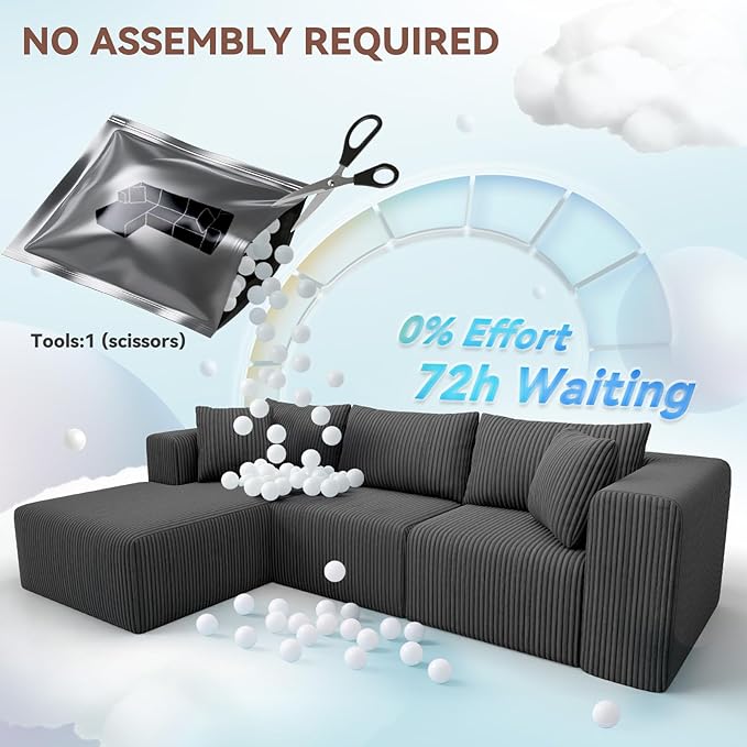 109 Modular Sectional SofaBoneless Couch for Living RoomCloud Sectional Couch with Deep SeatModular L-Shape Sofa with ChaiseNo Assembly RequiredGrey(Plush Corduroy Fabric)