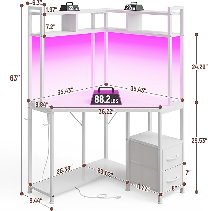 Corner Desk 35.4 W x 63 H White Office Desk and Small Gaming Desk with Hutch &amp LED Lights Computer Desk with Drawers for Storage &amp Shelves and Hook for Small Space White