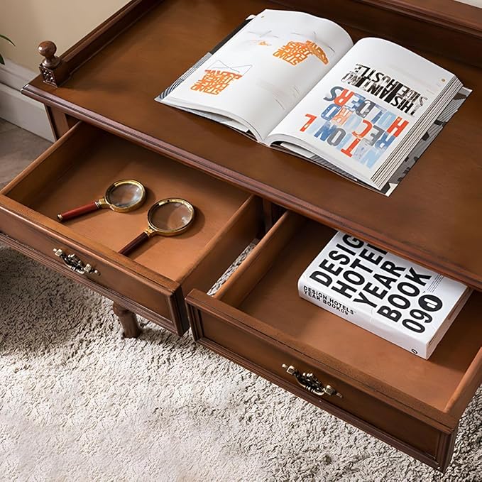 RUNNUP Mid-Century Desk with 2 Drawers 31.5 Wide Home Office Desk Workstation Solid Wood Computer Writing Study Desk for Small Space Bedroom Living Room Makeup Vanity Console Table