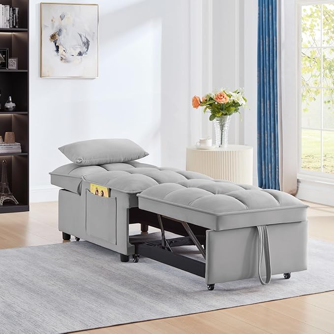 KEIKI Velvet Single Convertible Sleeper Chair Sofa Bed with Adjustable Backrest Pillows &amp Storage Pockets 3 in 1 Pull-Out Couch Chaise Lounge Recliner for Living Room Balcony Bedroom Grey
