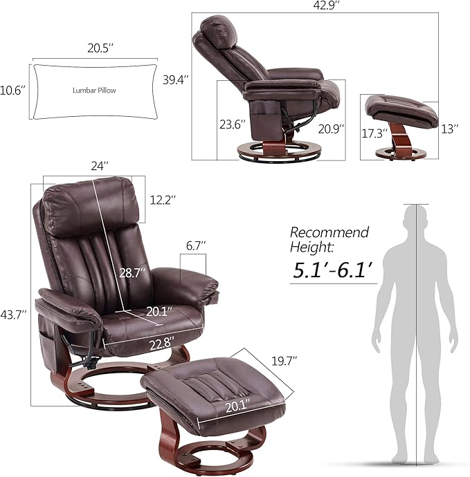 MCombo Swivel Recliner with Ottoman Faux Leather TV Chair with Vibration Massage Ideal for RV Small Space Living Room &amp Bedroom 4999 (Faux Leather Dark Brown)
