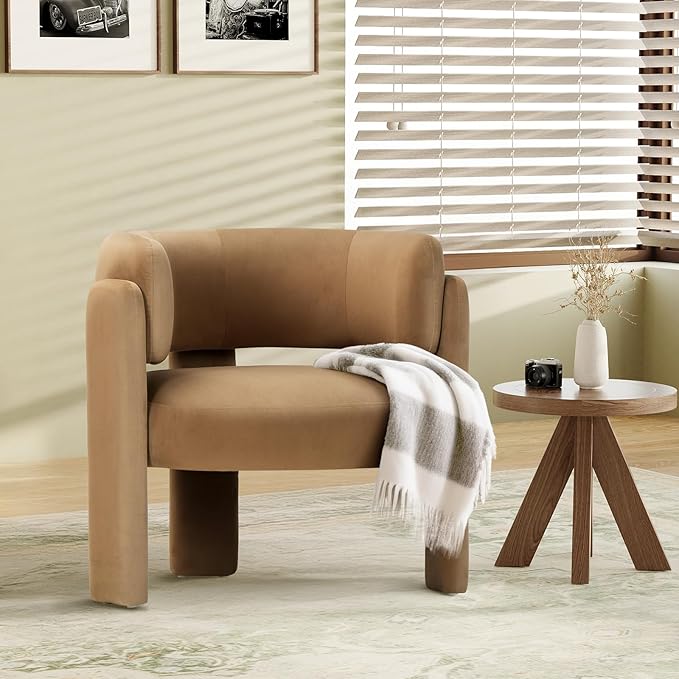 COLAMY Modern Velvet Accent Chair Upholstered Barrel Chair Comfy Side Arm Chair with 3 Legs for Living Room Bedroom Reading Khaki