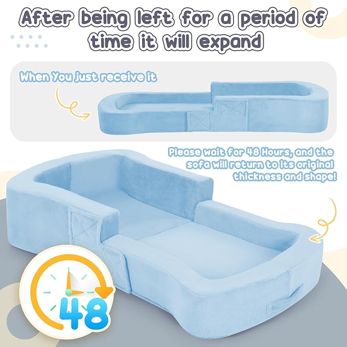 Toddler Travel Bed 2-in-1 Foldable Portable Toddler Bed Sofa Chair Soft Baby Kids Travel Floor Cot with Washable Covers Safety Foam Raised Bumper for Camping Hotel Sleeping (Blue)