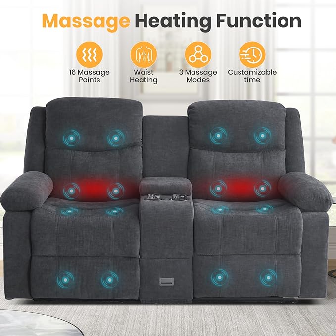 Loveseat Recliner Sofa with Massage &amp Heating Reclining Loveseat with Console RV Wall Hugger Double Loveseat Recliner Couch for Living Room &amp Home Theater (Chenille-Grey)