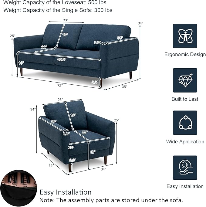 Giantex Loveseat and Armchair Set Upholstered 2-Seat Couch and Single Sofa with Solid Wood Frame Mid-Century Modern Furniture for Living Room Small Spaces Bedroom Apartment Reception Room Blue