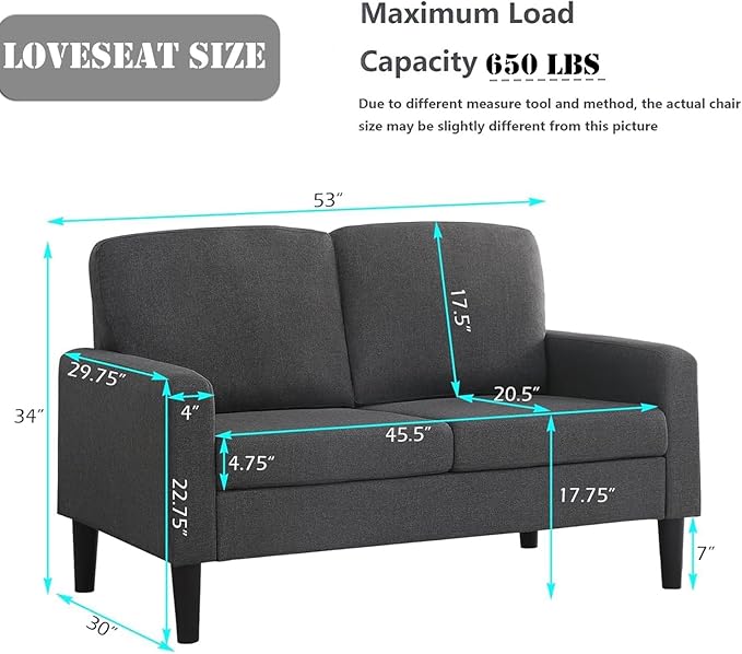 Flesser 53-Inch Loveseat Sofa Dark Grey Small Couch for Small Spaces Linen Fabric Love Seat 2 Seater Sofa for Bedroom Dorm Room Offices All-Wood Couch Tool-Free