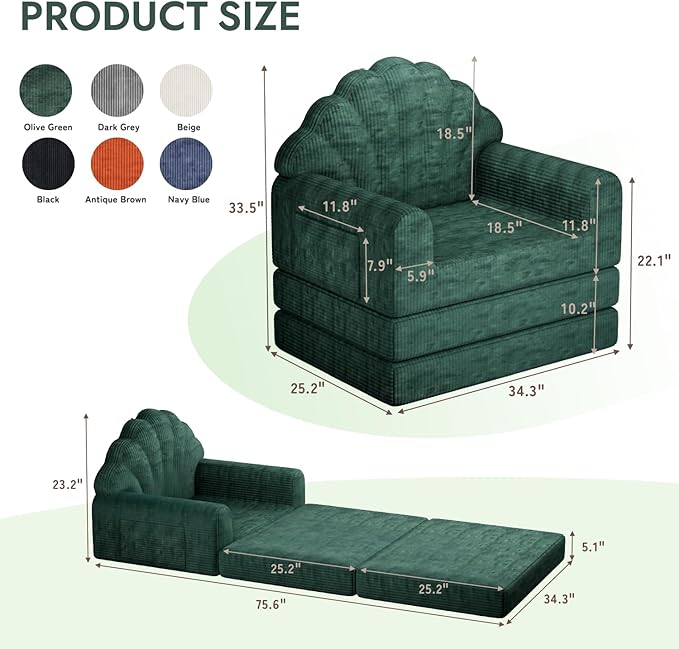 2-in-1 Folding Sofa Bed with Back Support 75 D x 34 W Convertible Futon Sleeper Chair for Adult Fold Out Bean Bag Floor Foam Lounger Couch for Living Room Bedroom Small Space Olive Green