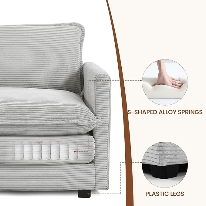 ROWHY Single Armchair with Ottoman Modern Corduroy Cloud Couch with Convertible Chaise Upholstered Sofa Set for Living Room Light Grey
