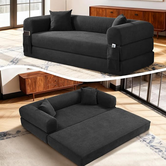 4-in-1 Folding Convertible Sofa Bed 80 Inch Oversized Corduroy Boneless Couch Loveseat Sleeper with Pull Out Bed Floor Sofa Modular Futon Teddy Sofa for Living Room Bedroom Lounge Deep Gray