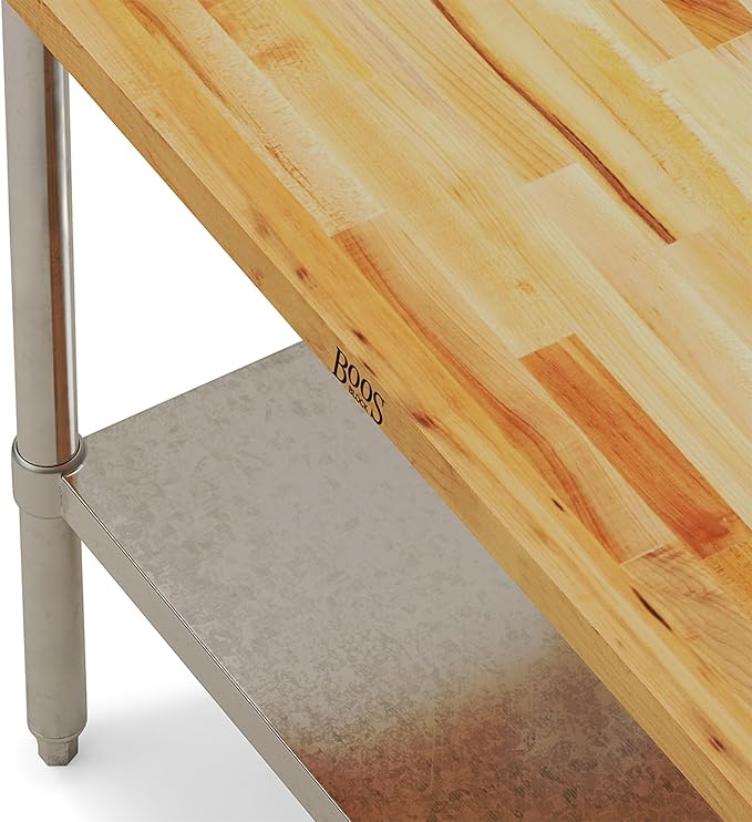 John Boos Maple Wood Top Work Table 36”x24”x36” – 1.5” Thick Tabletop 68-lb Kitchen Station with Wooden Edge-Grain Table &amp Steel Base &amp Adjustable Shelf