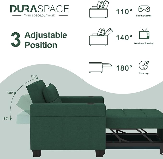 DURASPACE 36.6 Inch Sleeper Chair 3-in-1 Convertible Chair Bed Pull Out Sleeper Chair Beds Adjustable Single Armchair Sofa Bed with USB Ports Side Pocket Cup Holder (Forest Green Linen)