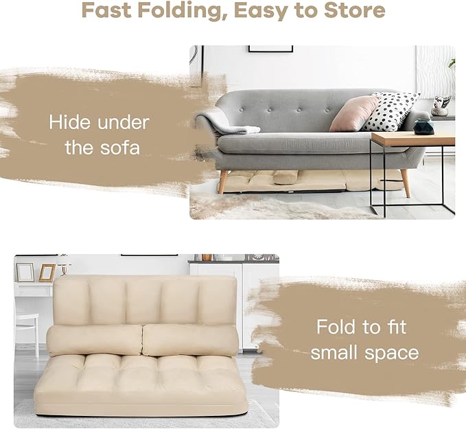 GOFLAME 6-Position Convertible Sofa Beige (Sponge High-Strength Steel Frame 330LBS Capacity Foldable Design for Easy Storage Modern Living Room)