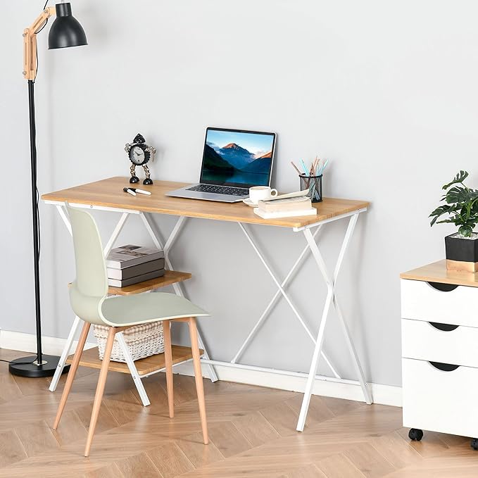 HOMCOM Computer Desk with Storage Shelves Writing Desk for Home Office Study Workstation Natural