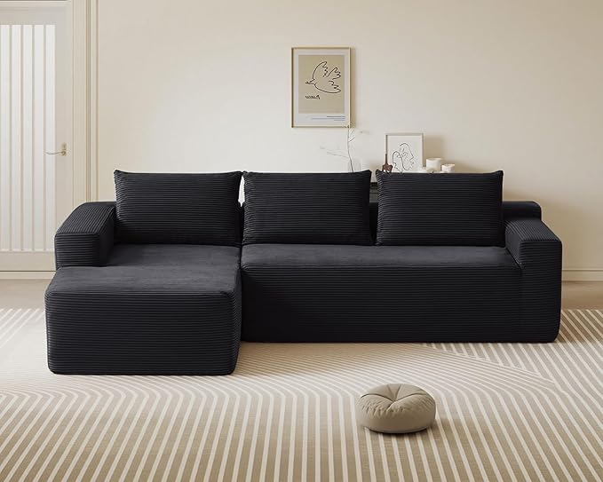 97inch Boneless L-Shaped Sectional Sofa with Throw Pillow &amp Side Pockets- No Assembly Compressed Modular Couch Memory Foam Deep Seat for Living Room Bedroom Apartment Black Left