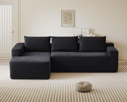 97inch Boneless L-Shaped Sectional Sofa with Throw Pillow &amp Side Pockets- No Assembly Compressed Modular Couch Memory Foam Deep Seat for Living Room Bedroom Apartment Black Left
