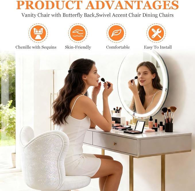 360° Swivel Vanity Chair with Back and PillowChenille Comfy Makeup Chairs for VanityWhite Modern Desk Chair No Wheels for BedroomLiving Room (White)