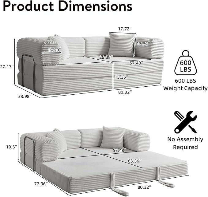 4-in-1 Convertible Folding Sleeper Sofa Bed Plush Corduroy Foldable Mattress Couch with Fixed-Shape Frame Floor Compressed Sofa for Living Room Bedroom (Light Grey)