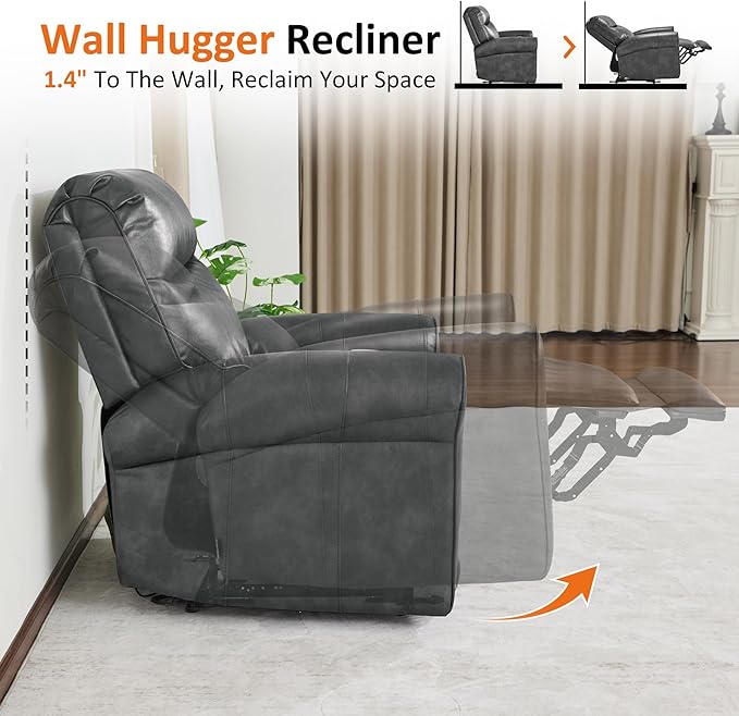 MCombo Power Wall Hugger Recliner Chair for Small Space RV Living Room USB &amp USB-C Charging Ports Modern Rolled Arm Recliner Faux Leather PR630 (Dark Grey Medium)