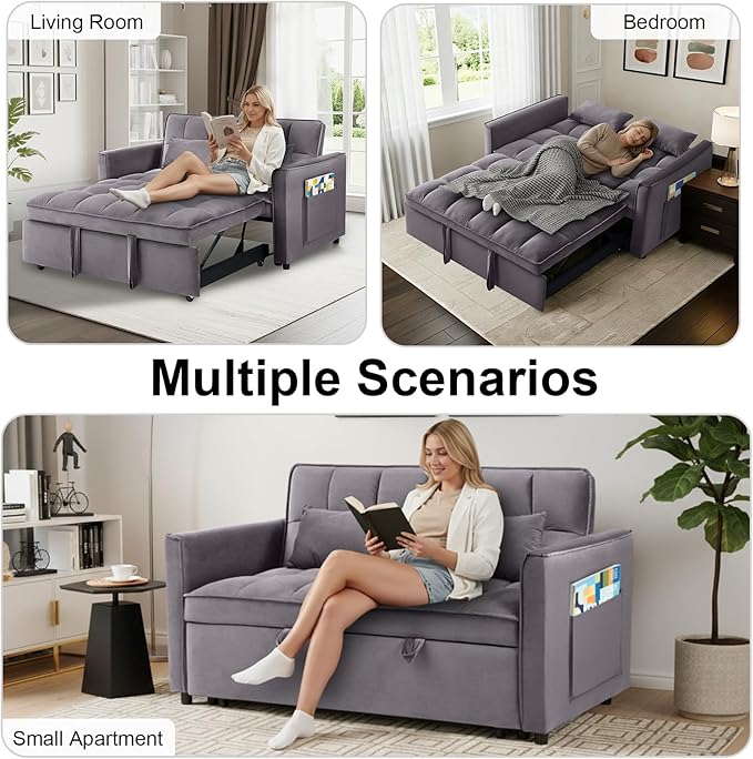 3 in 1 Convertible Sofa Bed Pull Out Couch with Adjustable Backrest Velvet Sleeper Sofa Loveseat with Pillows and Side Pockets for Living Room Bedroom Apartment Dark Grey