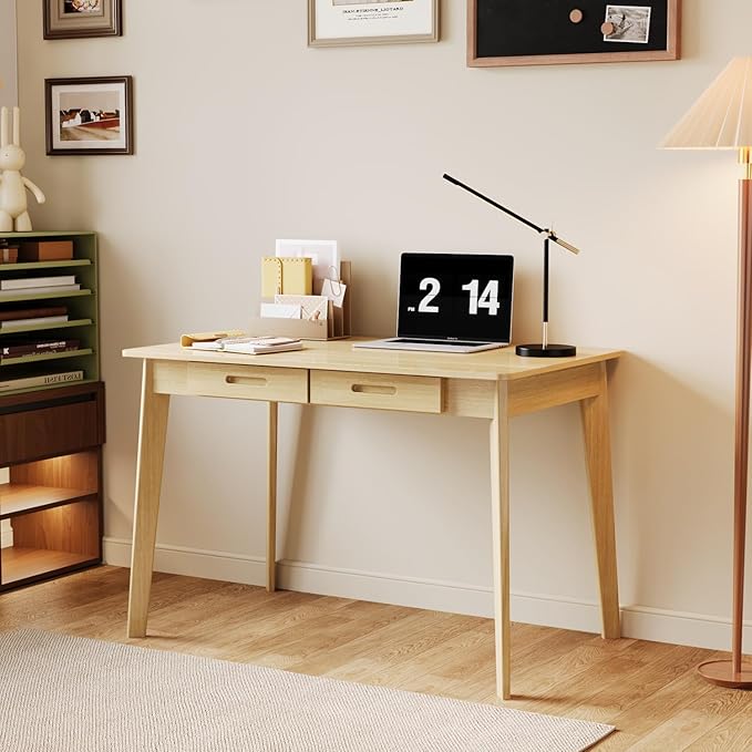 39.4 Inch Computer Desk with 2 Drawers Modern Home Office Desk Study Writing Gaming Work Table with Large Legroom Light Brown