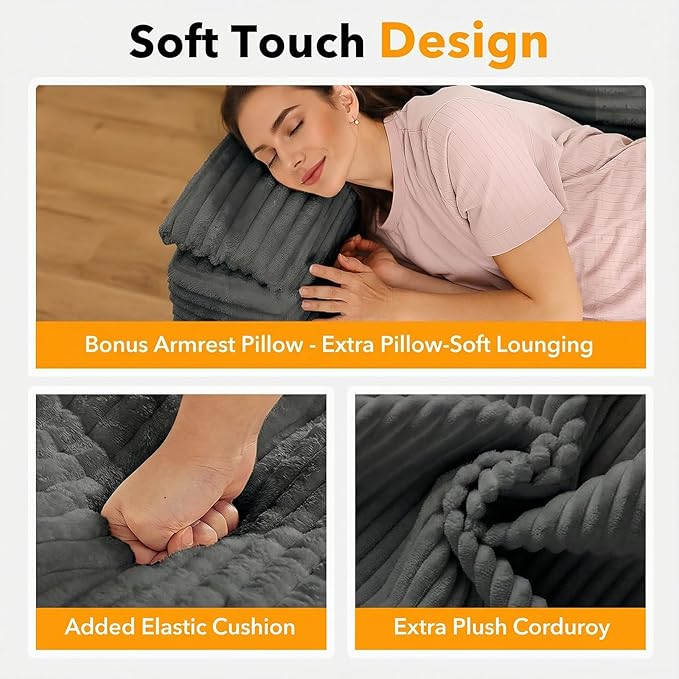 83 Boneless Couch 3 Seater Cloud Corduroy Sofa in a Box with Deep Tufted Cushions Zero Assembly Removable Washable Cover Family-Friendly Living Room Couch Dark Grey