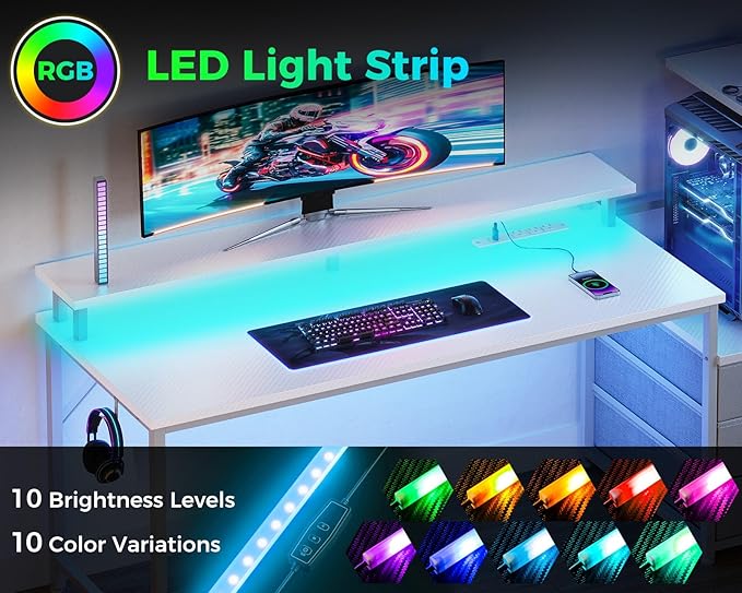Casaottima 59 Inch Gaming Desk with USB Charging Ports &amp LED Light - Reversible Computer Desk with 3 Fabric Drawers Monitor Stand CPU Stand and Side Hook Modern Office Desk White