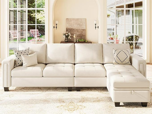 Belffin Velvet Reversible Sectional Sofa with Chasie Convertible L Shaped 4-seat Sectional Couch with Storage Ottoman Beige