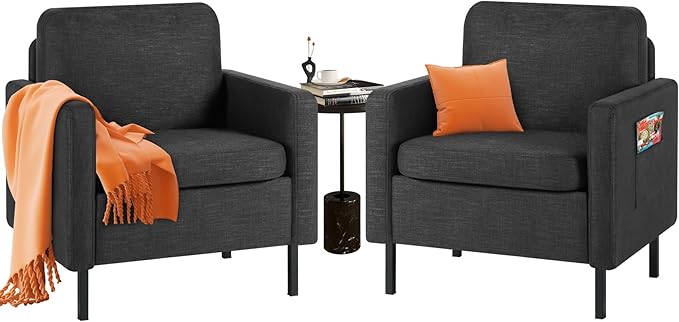 STHOUYN Fabric Comfy Small Accent Chair Set of 2 Living Room Bedroom Chairs Reading Arm Chair for Adults Suitable Small Spaces Office Couch Dark Grey (2 Dark Grey)