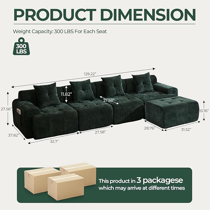 129.23”Modular Sectional Couch for Living Room Modren L-Shape Cloud Sectional 4-Seater Sofa with Movable Ottoman Woven Texture Upholstery Boneless Couch No Assembly Green