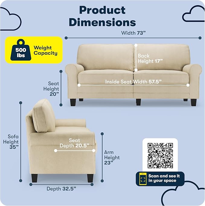 Serta Copenhagen 73 Rolled Arm Sofa Easy Care Polyester Soft Pillow Back Pocket Coil Seat Cushions Removable Covers Loveseat or Couch for Small Spaces Living Rooms or Bedrooms Buttercream