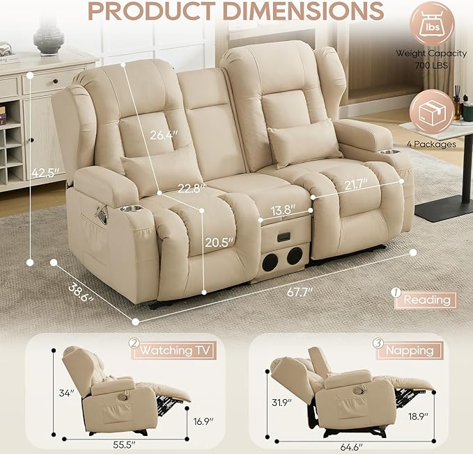 IPKIG 68 Loveseat Recliner Sofa Manual Rocker Reclining Couch with Fold Down Console Side Pocket Bluetooth Speaker Built-in Outlets Rocker Chair for Nursery Living Room Home Office (Beige)