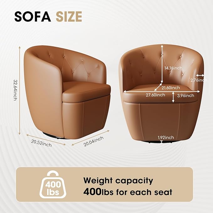 360° Swivel Leather Accent Chair Modern Barrel Club Chair with Leather Upholstery and Sturdy Base Comfortable Armchair for Living Room Bedroom Reading Nook Brown