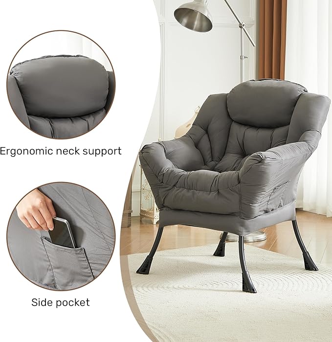 HollyHOME Lazy Chair with Armrest and Side Pocket Comfy Accent Lounge ChairLeisure Sofa Armchair for Living Room Bedroom Dorm or Small Spaces Oversized Reading Sofa ChairDark Grey