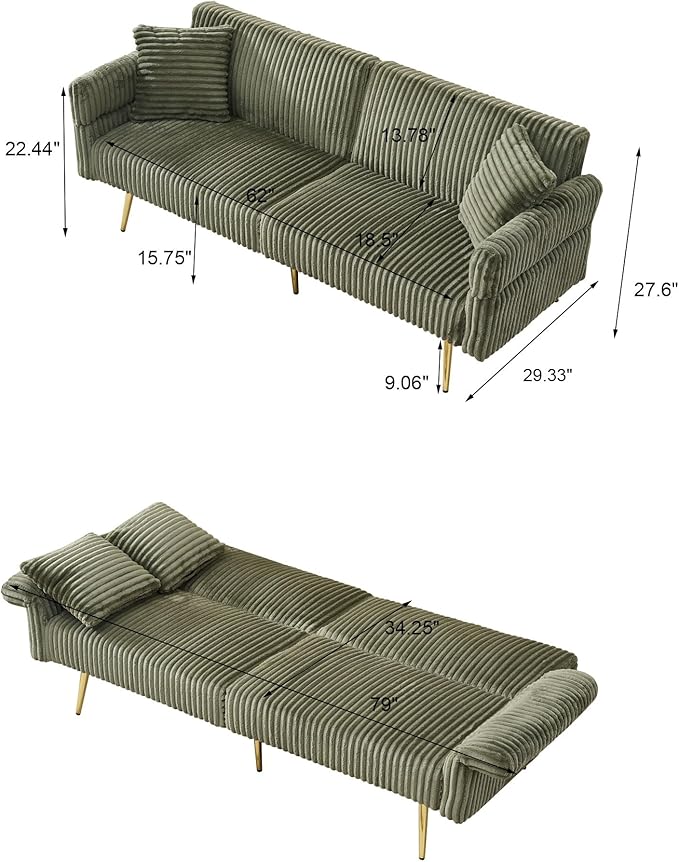 73 Convertible Futon Sofa BedComfy Teddy Fabric Sleeper Couch with 3 Reclining BackrestsGolden Chrome LegsModern Cloud Sofa Loveseat for Small Living Room Office (Green-Corduroy)