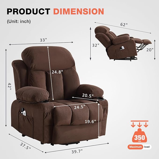Power Lift Recliner Chair for Elderly with Vibration Massage and Lumbar Heating Electric Lift Recliner Single Sofa with Side Pocket Two Cup Holders and USB Charge Port for Living Room