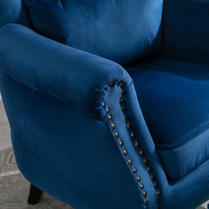 chairus Mid-Century Modern Accent Chair with Ottoman Comfy Velvet Single Sofa Chair Button Tufted Wingback Armchair with Pillow for Living Room/Bedroom/Club - Blue