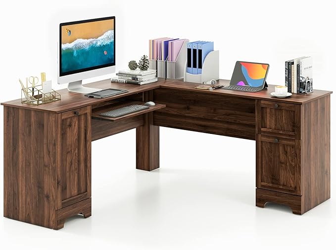 Tangkula L-Shaped Office Desk with Storage Drawers &amp Keyboard Tray Home Office Corner Computer Desk with Cabinet &amp Inner Adjustable Shelf Space-Saving Study Writing Desk Computer Workstatio