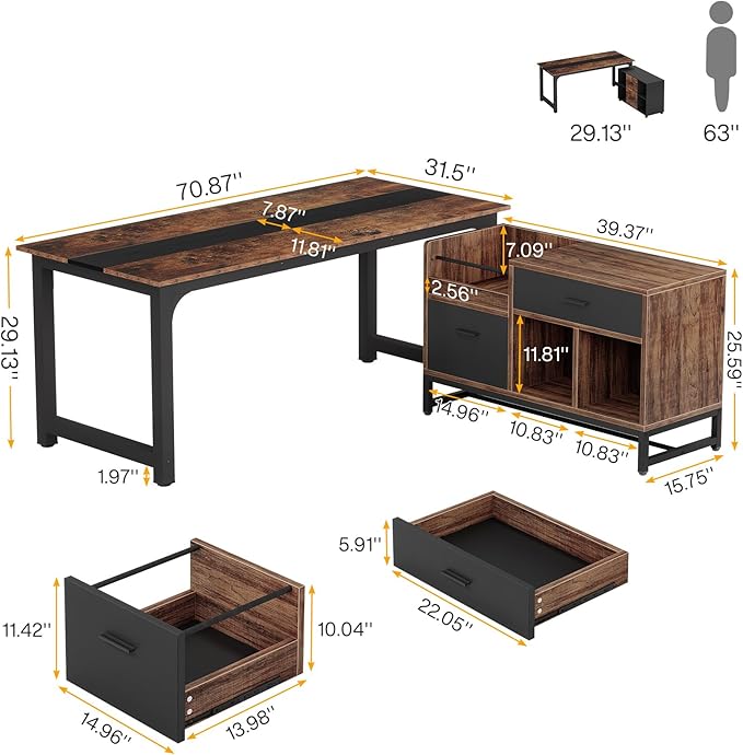 Tribesigns Office Desk with File Cabinet 70.8 L-Shaped Executive Desk for Home Office Workstation Business Furniture Set Rustic Brown/Black