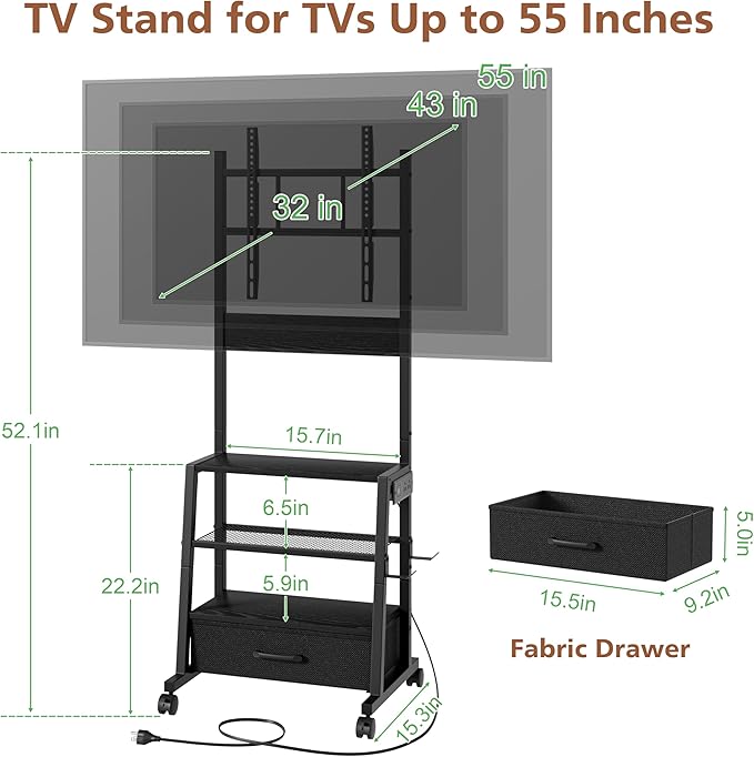 Rolling TV Stand with Wheels and Mount - Small Corner TV Stand with Power Outlet for 32-55 inch TV Entertainment Center with Fabric Drawer Storage for Living Room Bedroom Black